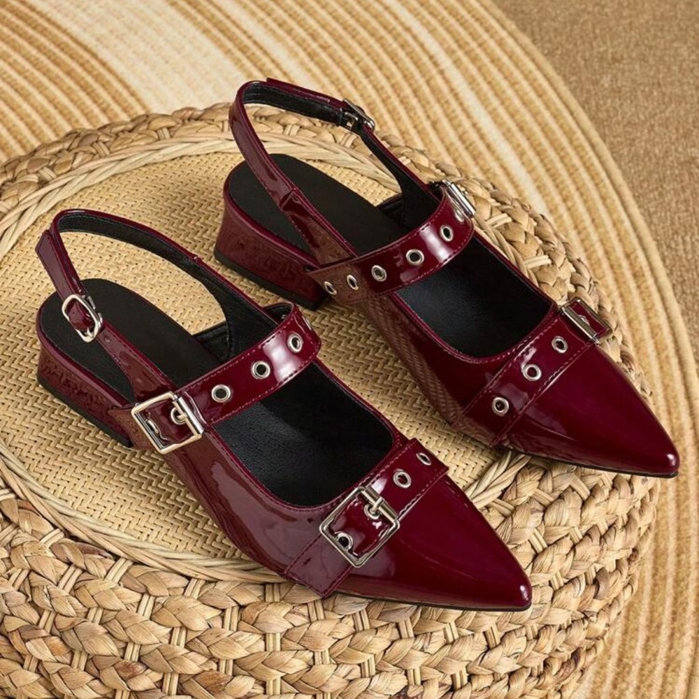 Rebellious Rose Burgundy Flats with Buckle Straps - Picture 4 of 4